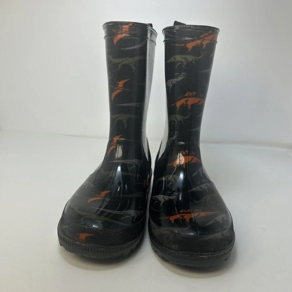 Capelli New York Boys Dinosaur‎ Rain Boots Size 3 Kids Black Orange Waterproof
